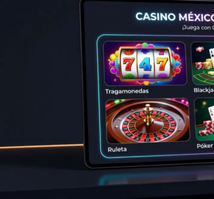 Ilustración de juegos de casino online en México con ruleta, cartas y tragamonedas